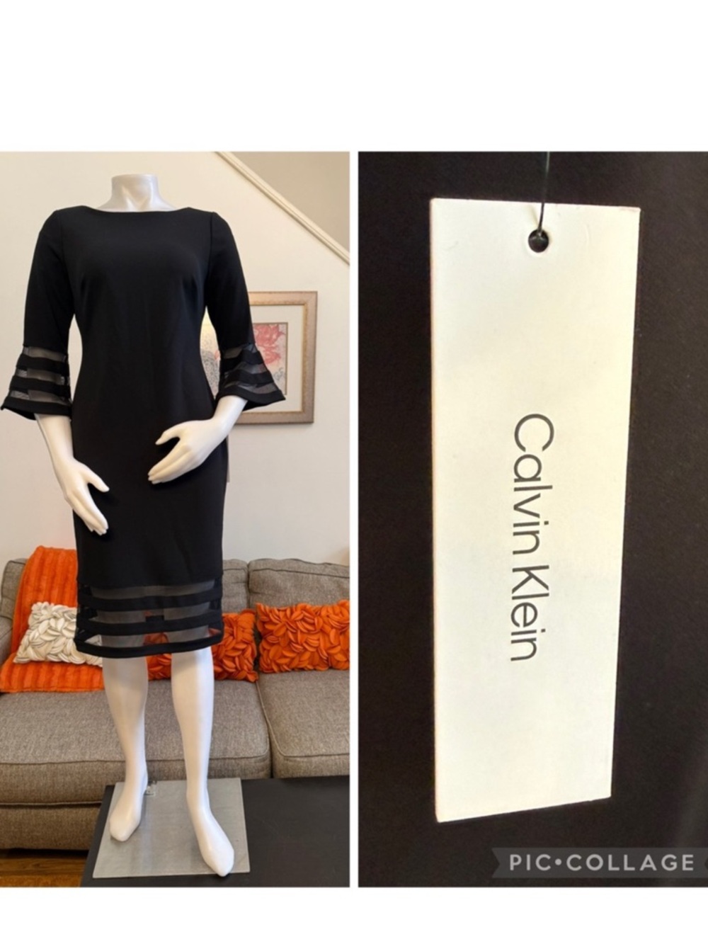 ❣️🆕Calvin Klein Black Illusion / Mesh Inset Bell Sleeve Sheath Dress $99 MSRP❣️